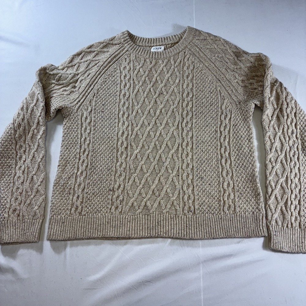 J.Crew Womens Beige Confetti Cable Knit Crewneck Sweater Small Raglan Sleeve